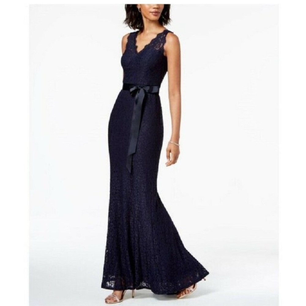 Adrianna Papell Navy Lace Mermaid Gown SZ 4 NWT Formal Evening Dress Satin Tie
